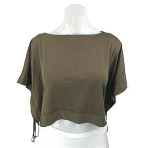 Zara Women's Green Short Sleeve Boat Neck Ruched Cropped Blouse Top Size M